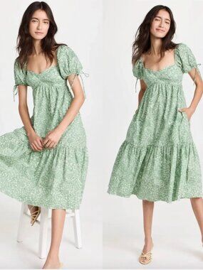 NWT Amanda Uprichard Size S Puff Sleeve Floral Meadow Green Sicily Midi Dress